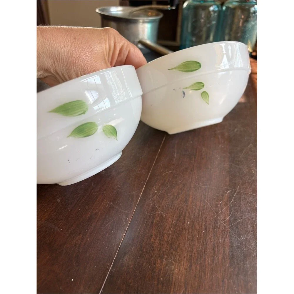 2 Vintage Fire-King milk glass bowls hand-painted fruit design